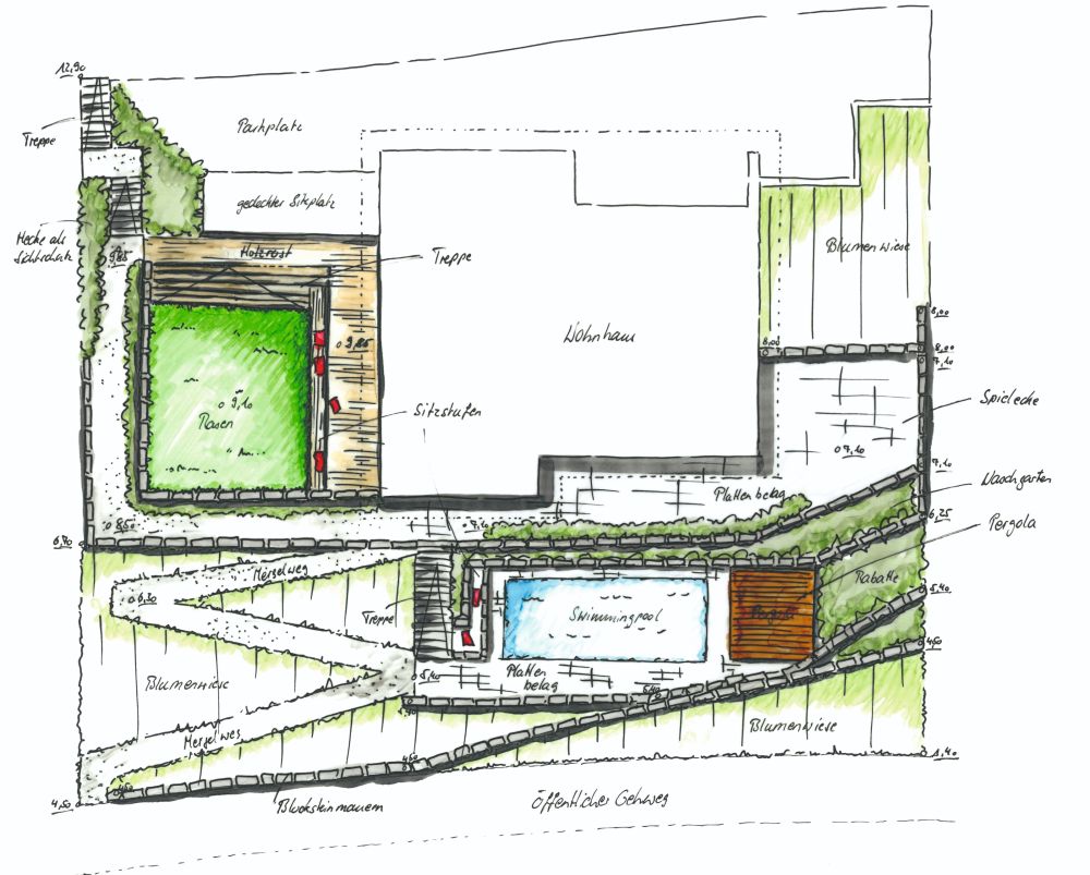 Handgezeichneter Gartenplan mit Swimmingpool, Pergola, Rasen und Sitzstufen für Gartenbau Aargau von Schoop Gartenbau