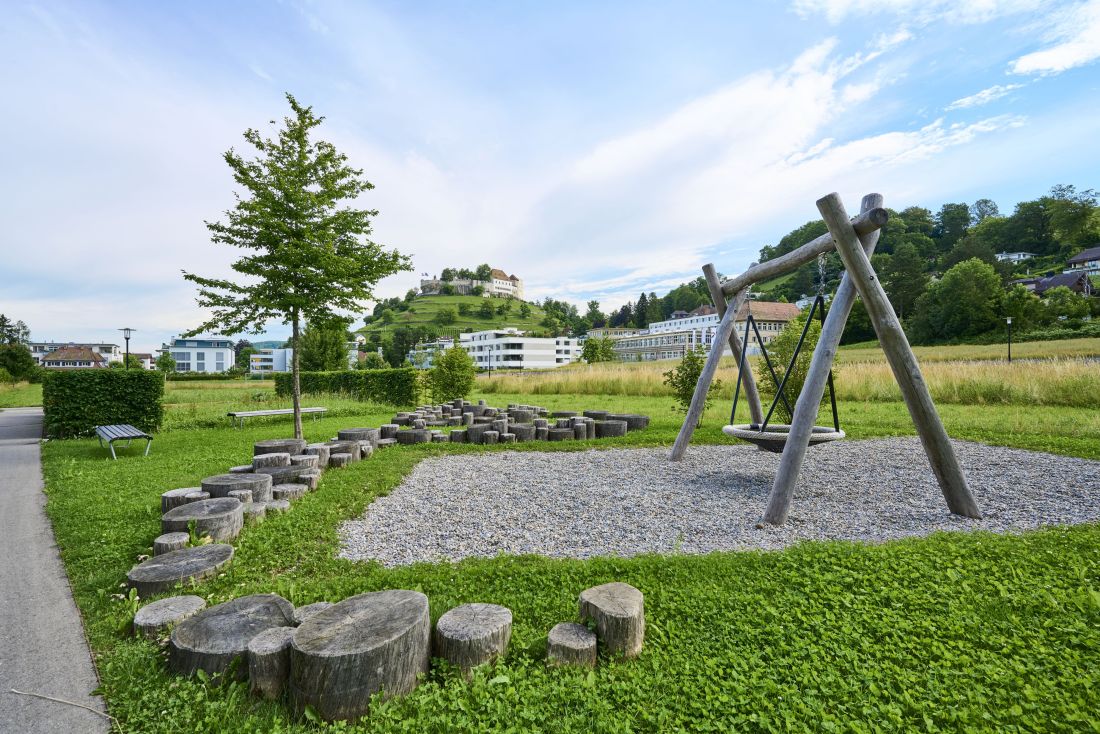 Spielplatz mit Holzschaukel und Baumstamm-Sitzgelegenheiten in grünem Gartenbau Aargau von Schoop Gartenbau