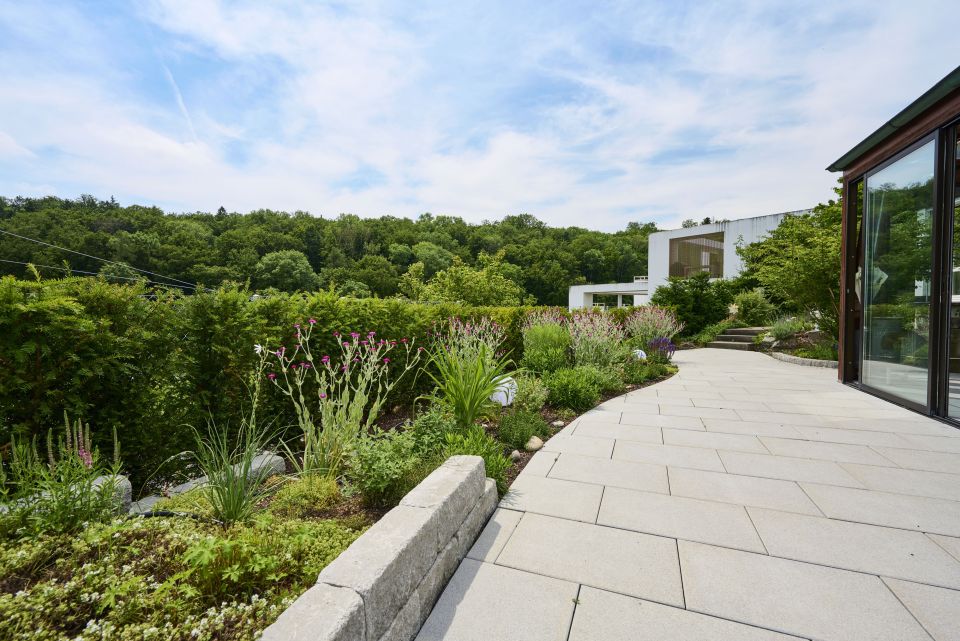 Grosszügige Terrasse mit Steinplatten, auf der linken Seite Blumenbeete mit Bodendecker und verschiedenen Pflanzen, modernes Haus im Hintergrund