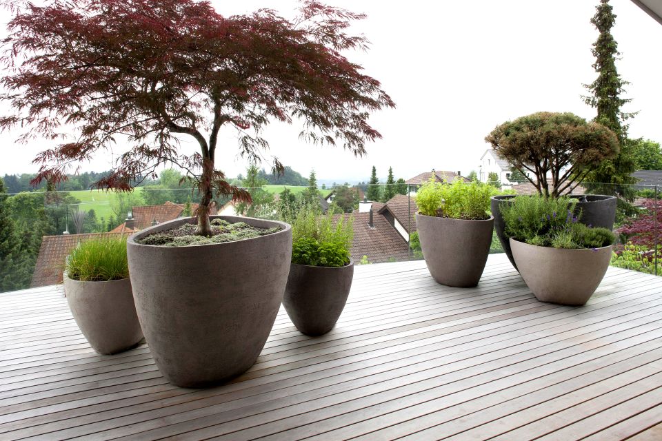 Moderne Dachterrasse im Aargau mit Holzdeck, grossen Pflanzkübeln und Panoramablick auf grüne Landschaft und Häuser